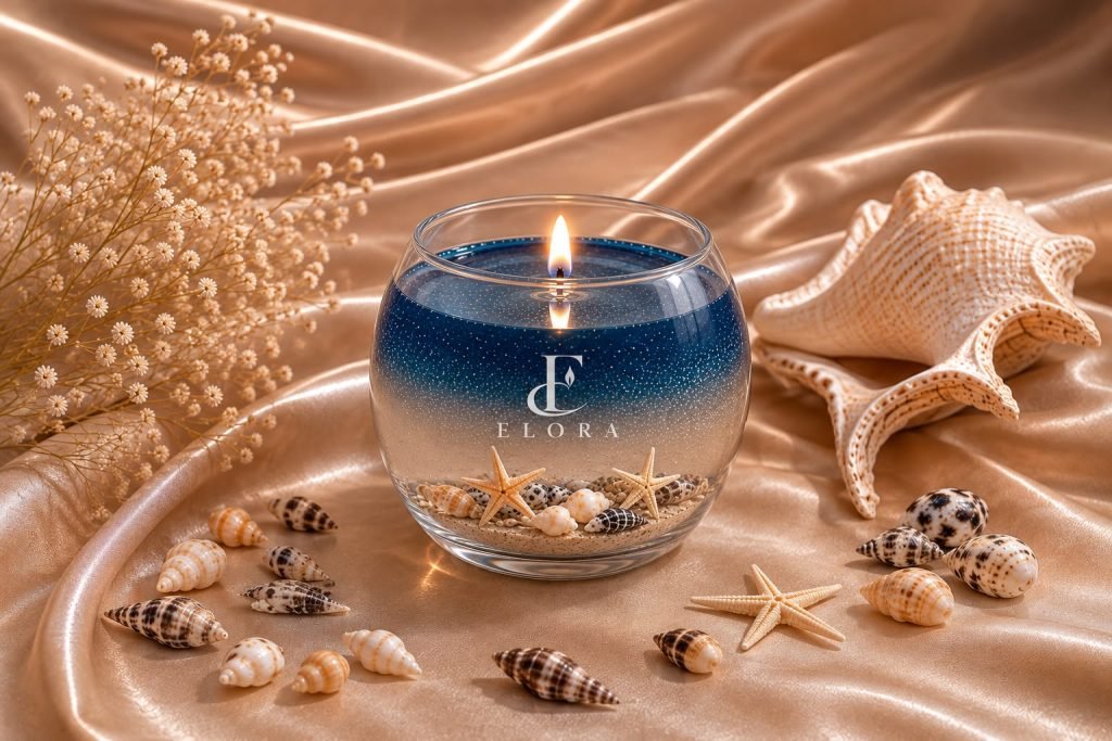 Lit blue ocean-inspired candle surrounded by seashells