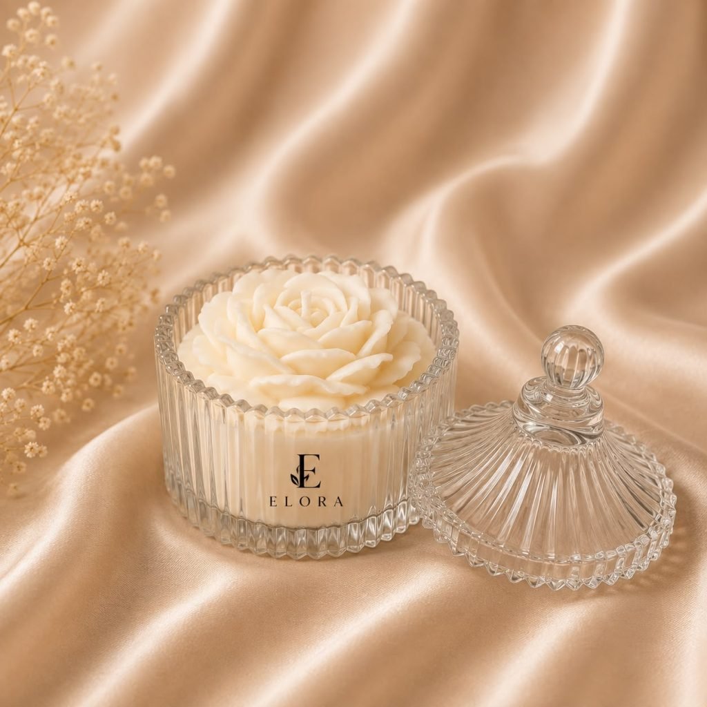 Crystal rose candle in a fluted glass vessel with its glass lid on satin
