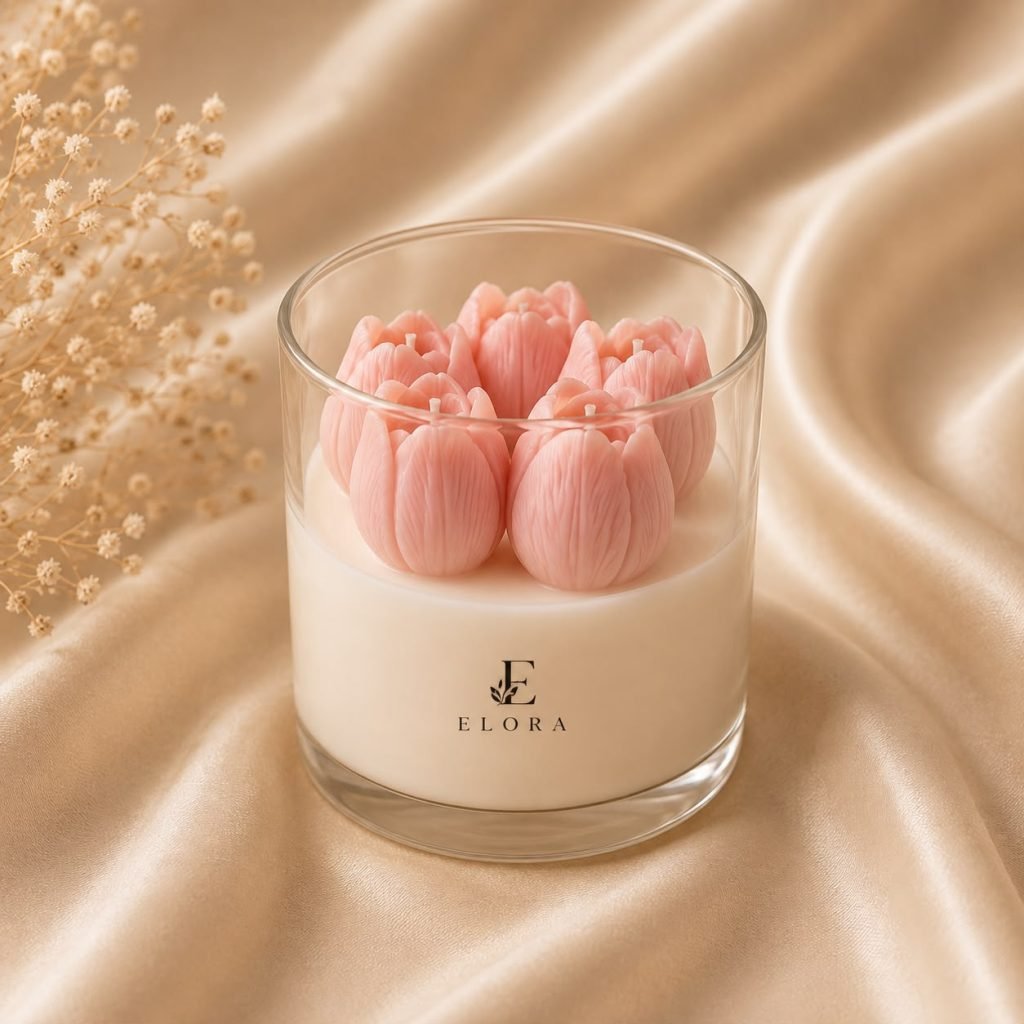 Pink tulip-shaped wax details in a glass candle on golden satin