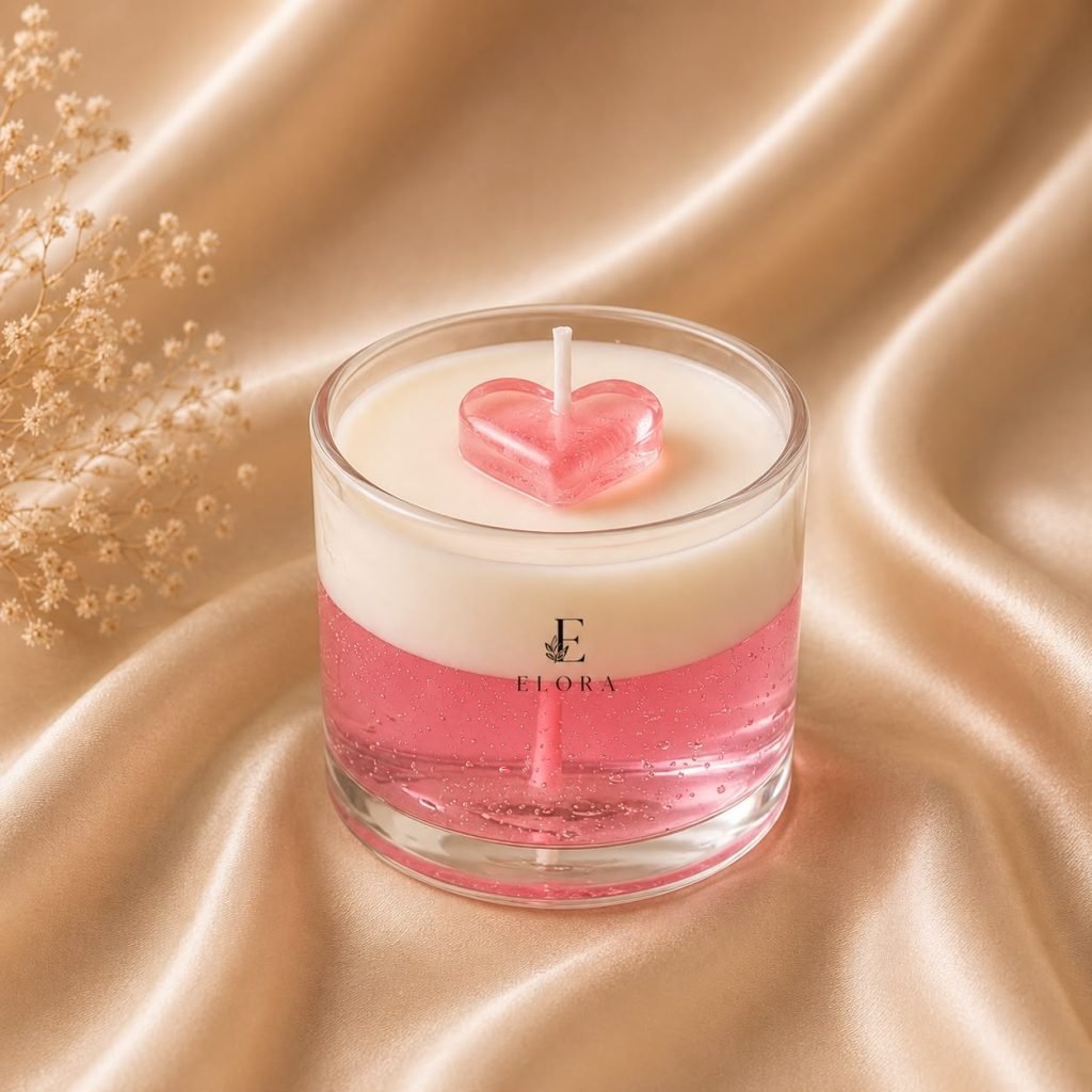 Pink heart-topped candle in a layered glass vessel