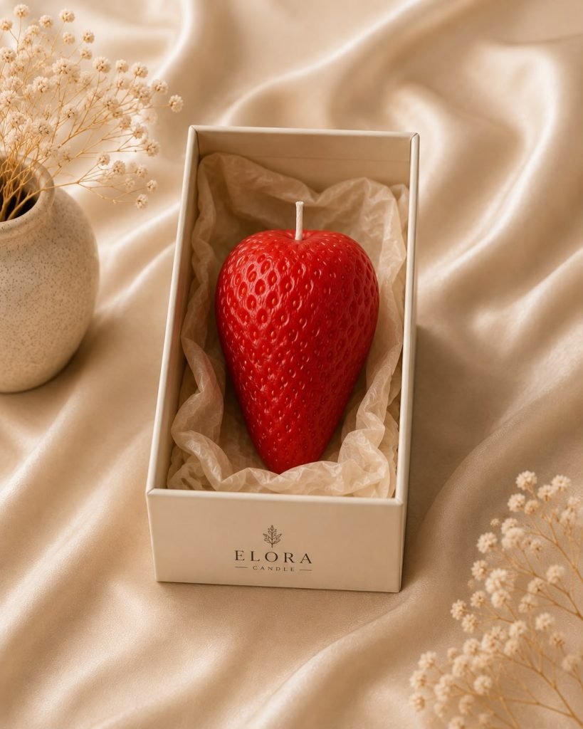 Strawberry-shaped candle in a tissue-lined presentation box