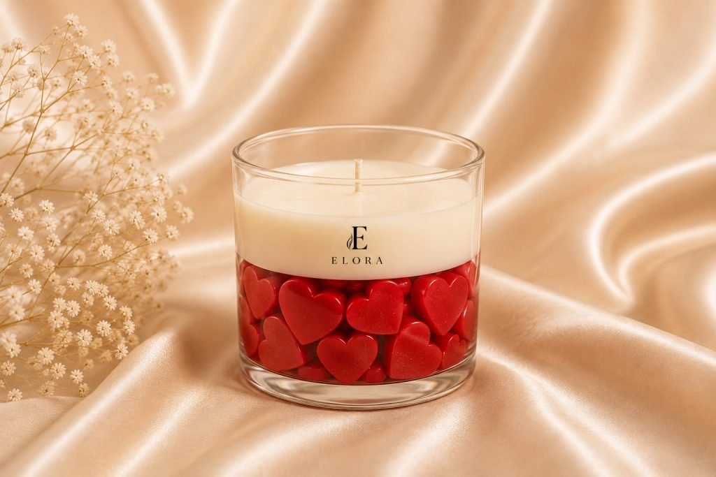 Glass candle with red heart-shaped wax details on golden satin